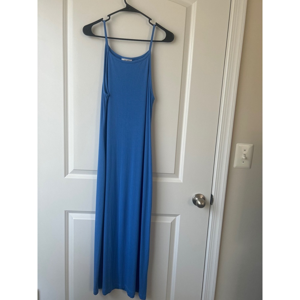 On 34th Blue Ribbed Maxi Dress Sleeveless High Neck Spaghetti Strap Small